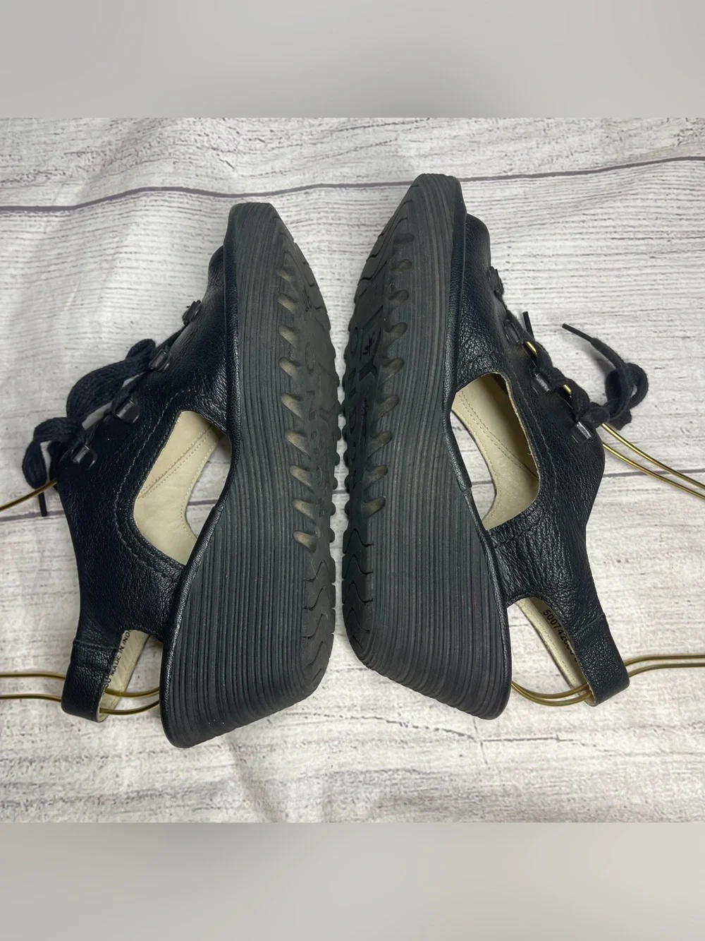 Fly London Women’s 7 (38) Ylfa Black Leather Lace Up Wedge Sandals